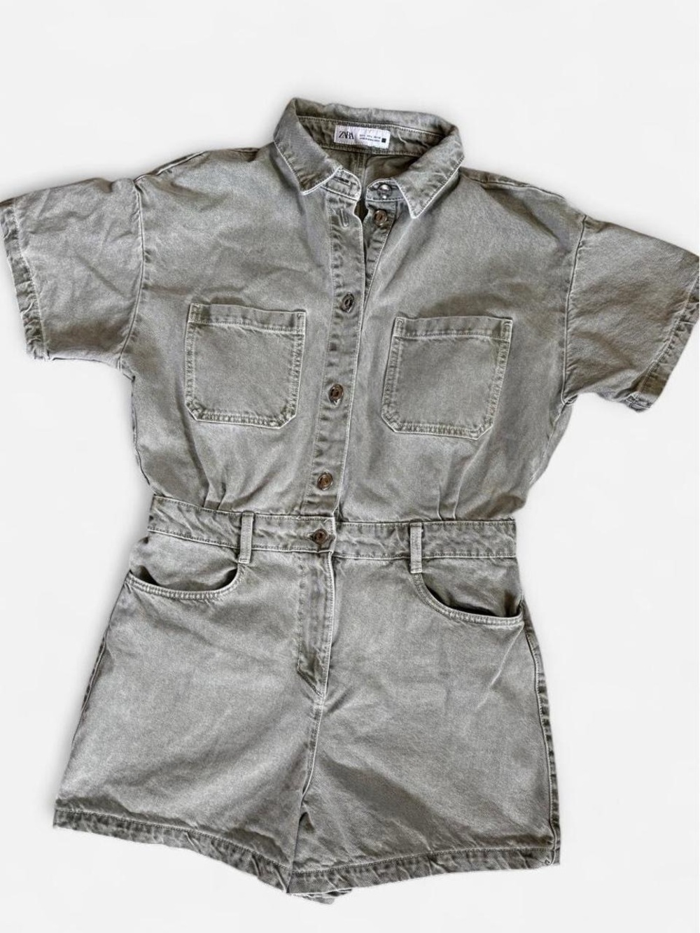 Zara Green Denim Utility Jumpsuit